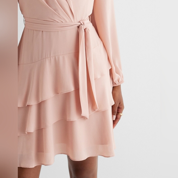 EXPRESS Collared Long Sleeve Tie Waist Tiered Mini Dress in Black - Picture 5 of 6